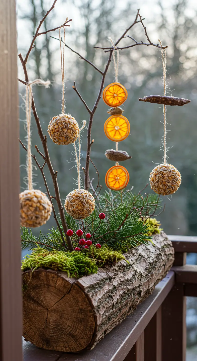 A rustic log planter decorated with moss, berries, and hanging birdseed ornaments.