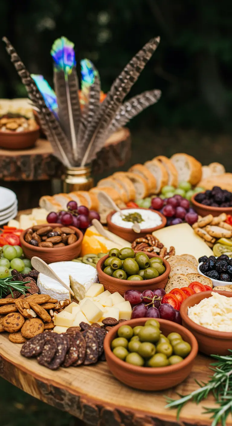 A bountiful charcuterie board on a wood slice, with a small vase of colorful feathers as a centerpiece.