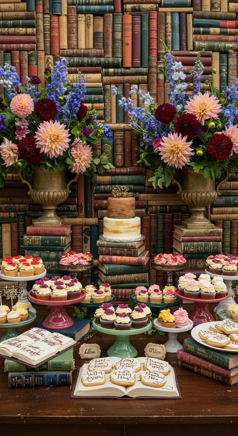 Dessert table with cakes and cookies set against a backdrop of a massive bookshelf wall.