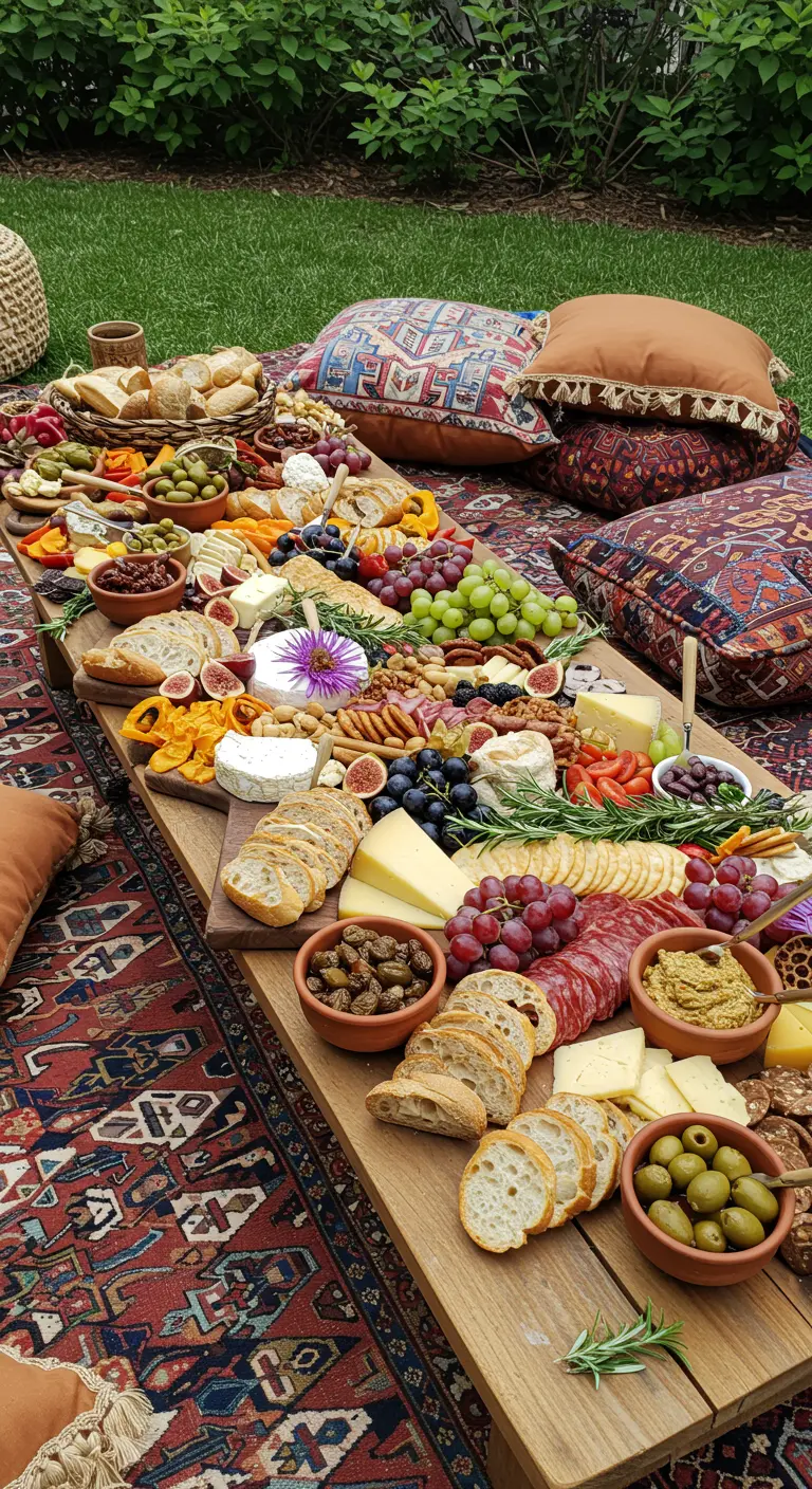 An incredibly long and abundant grazing board on a low table, surrounded by bohemian rugs and pillows.