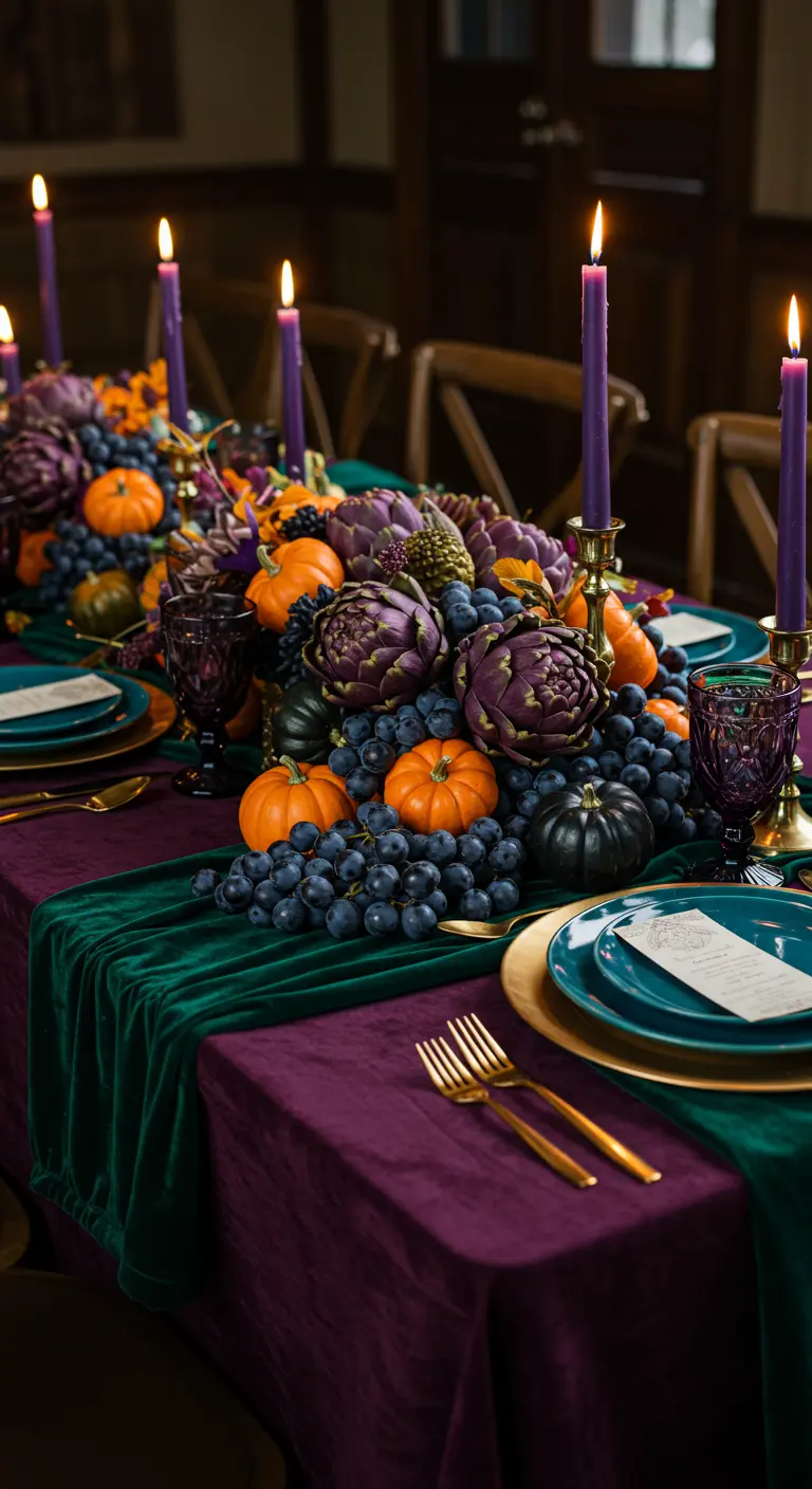 A luxe tablescape featuring jewel-toned velvets, grapes, artichokes, and purple candles.