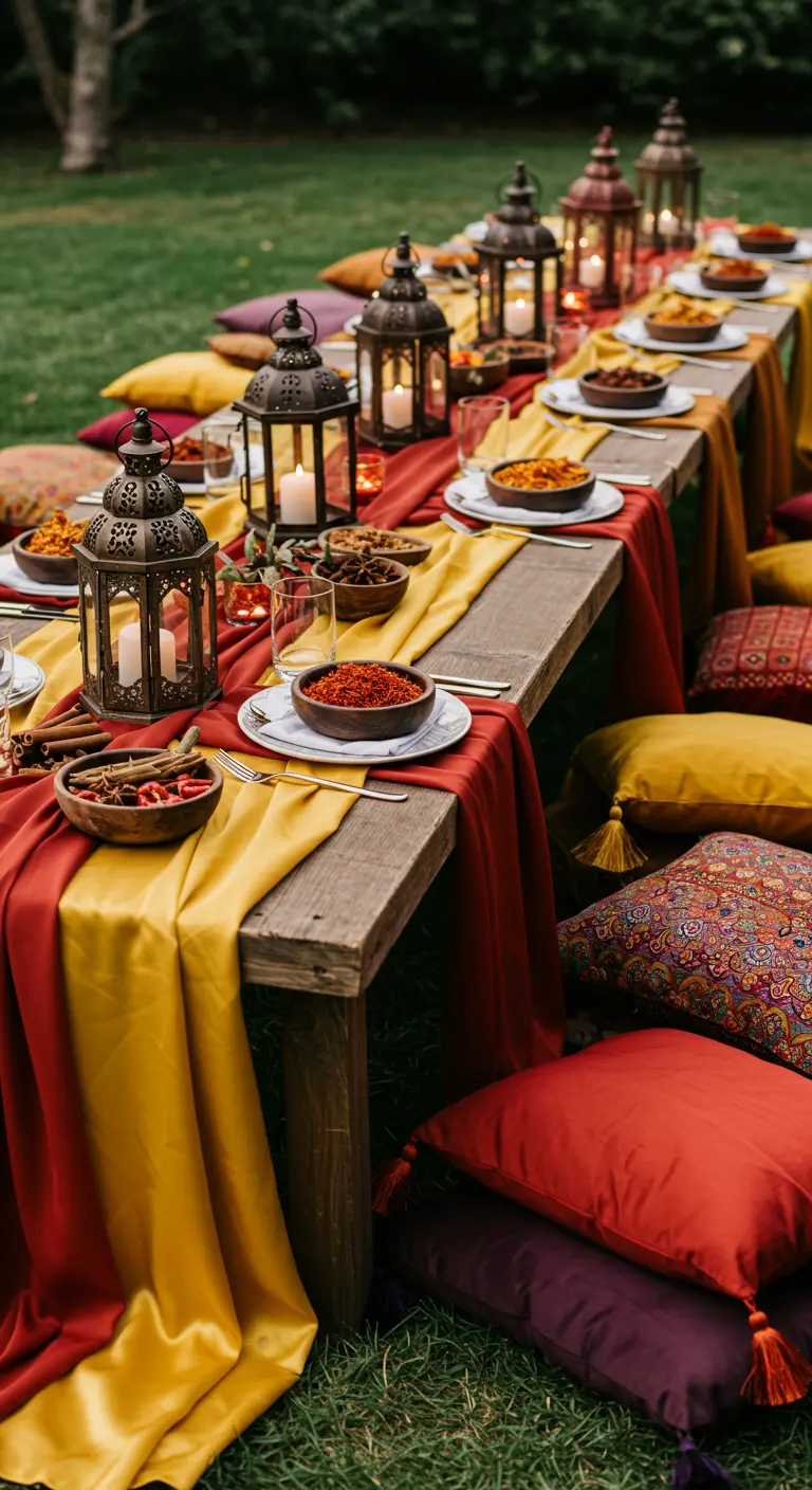 A low dining table set for a feast with red and yellow runners and Moroccan lanterns.