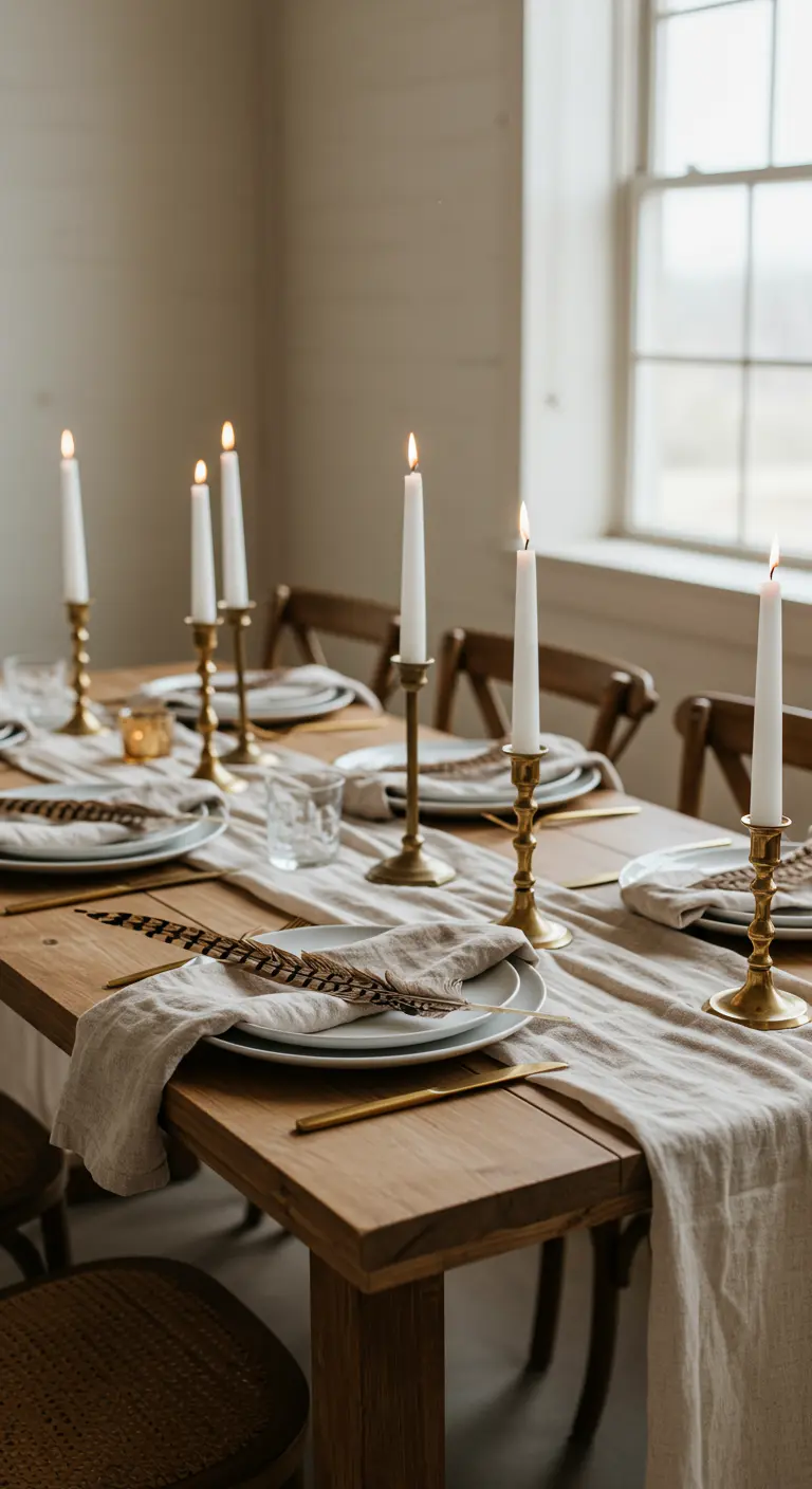 A minimalist boho table setting with a pheasant feather placed on a white plate and napkin.
