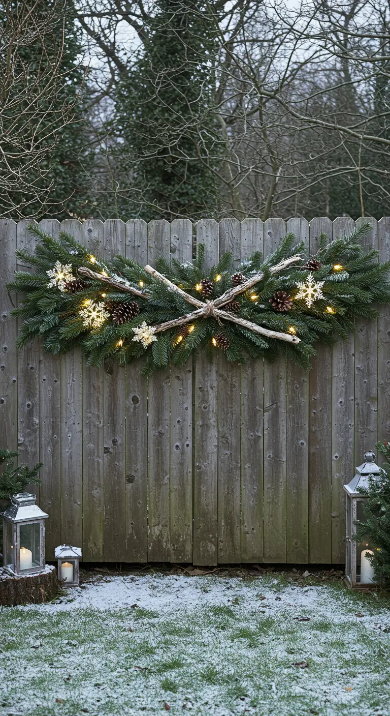A large pine swag with crossed branches and snowflake lights hanging on a wooden fence.