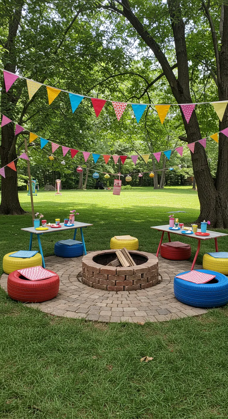 A colorful kids' party setup around a fire pit with brightly painted tire seats.
