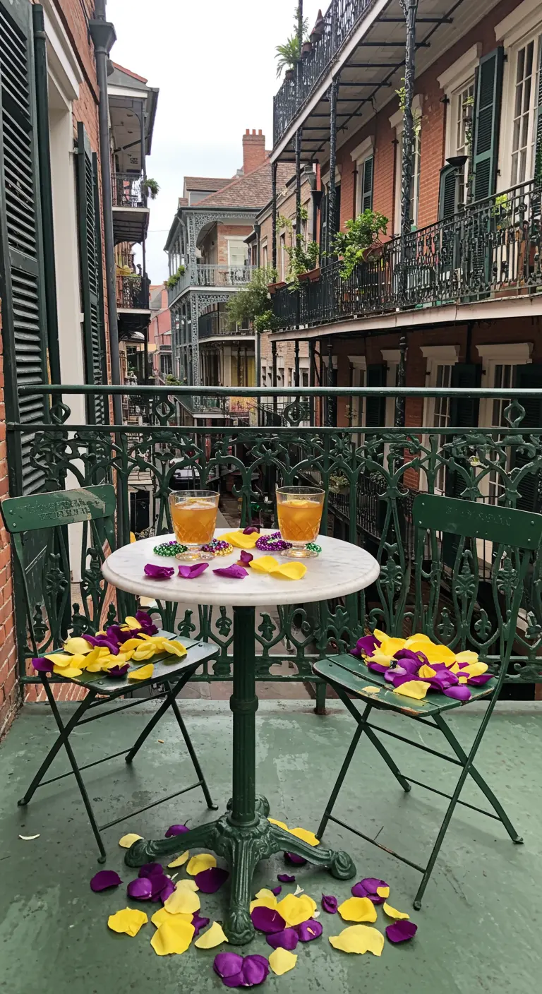 A bistro table on a New Orleans-style balcony with purple and yellow petals and Mardi Gras beads.