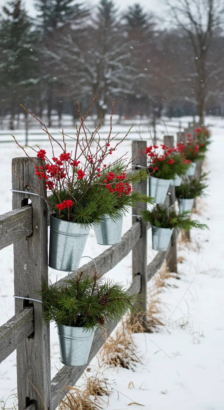 Galvanized buckets with pine and red berries hanging along a rustic wooden fence in the snow.
