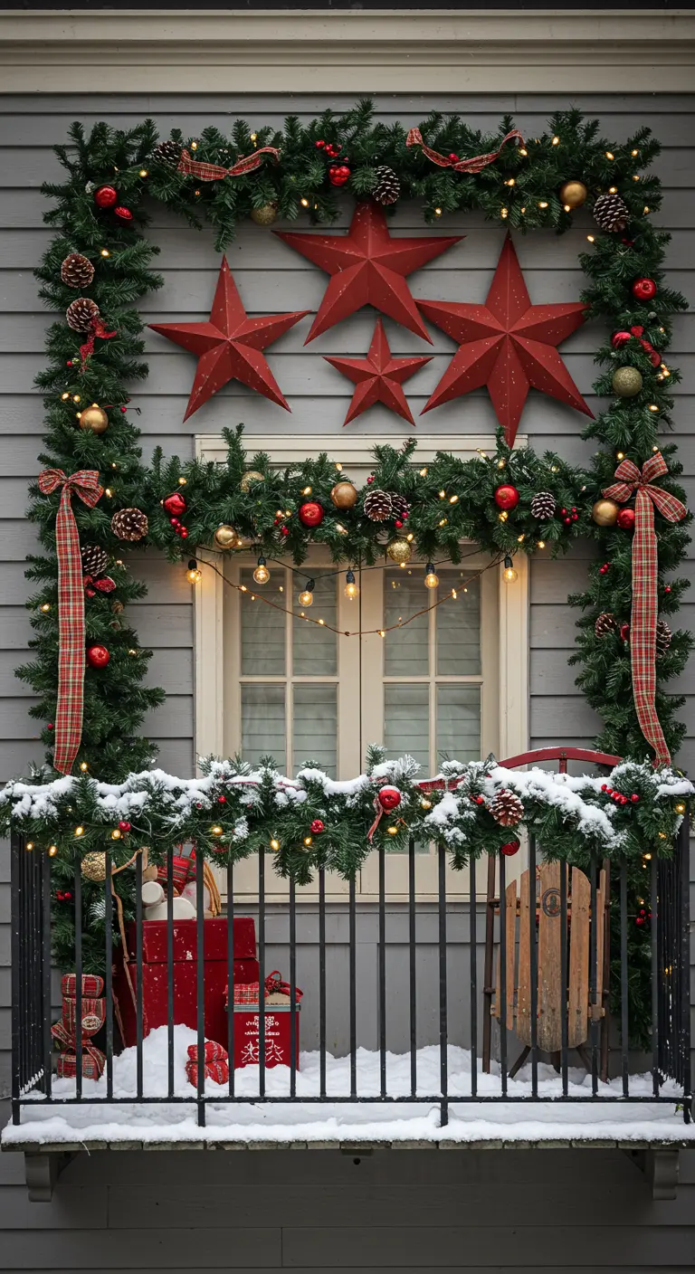 A lush garland with large red stars frames a balcony window, creating a grand display.
