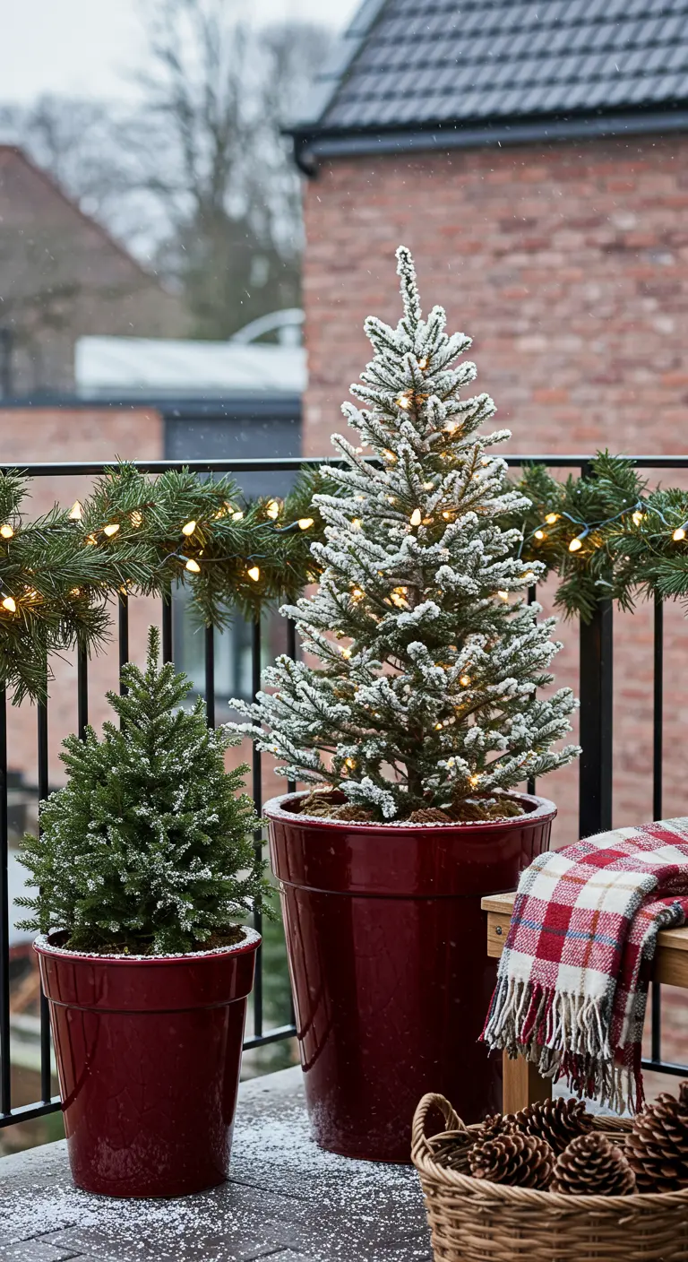 A flocked Christmas tree in a red pot next to a smaller tree on a balcony.