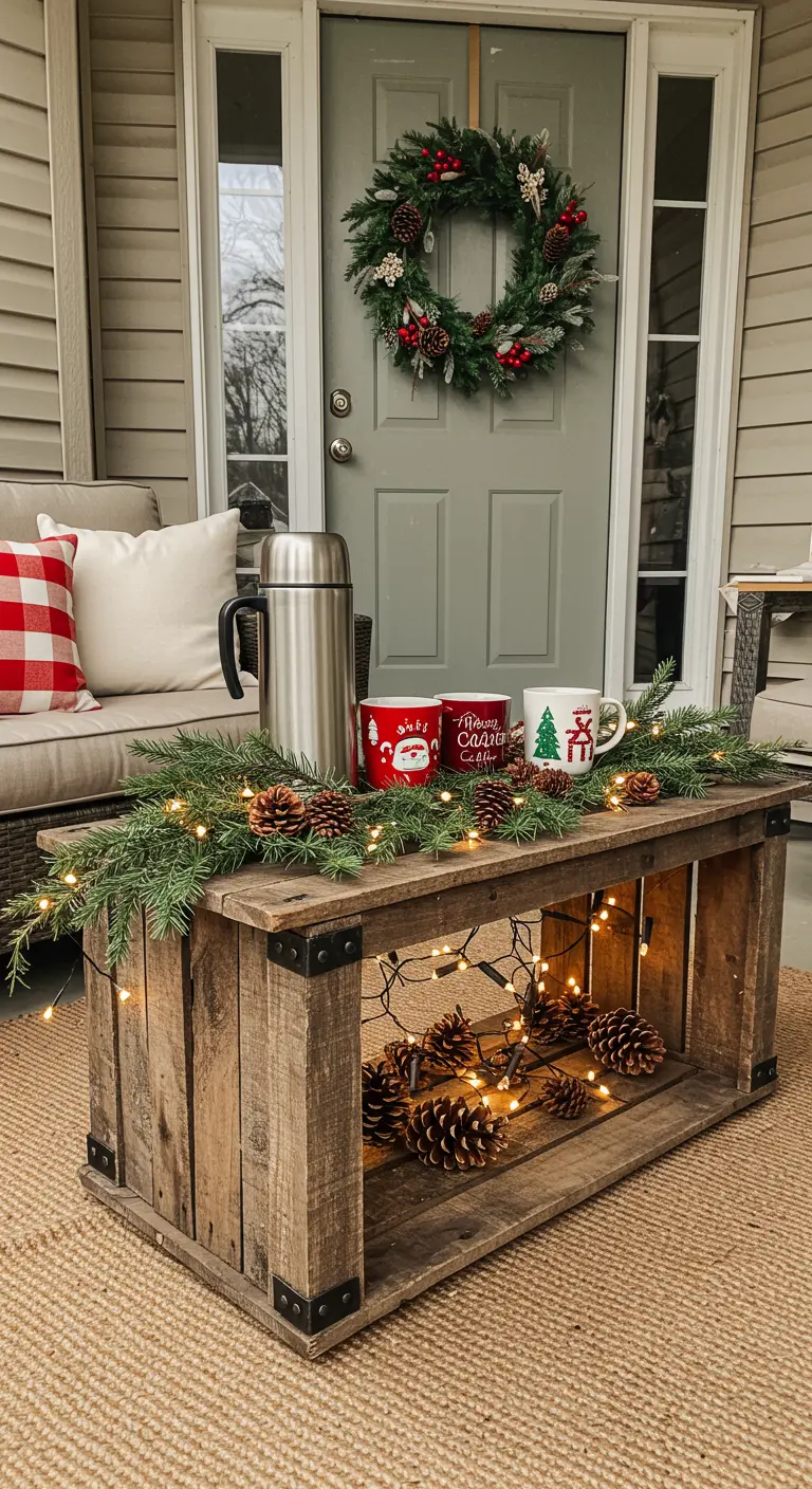 Crate table decorated for Christmas with garland and fairy lights inside.