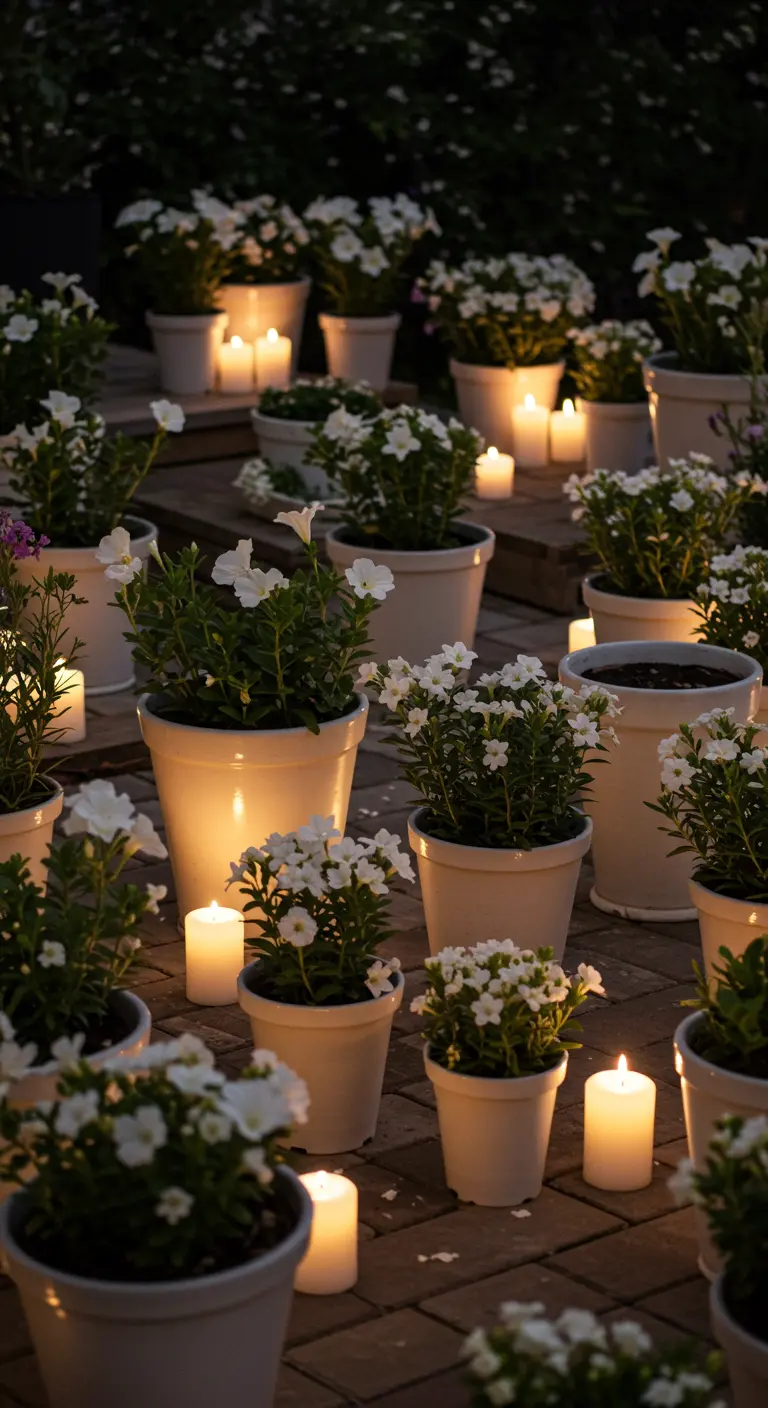 A patio floor covered in dozens of white pots with petunias and pillar candles.