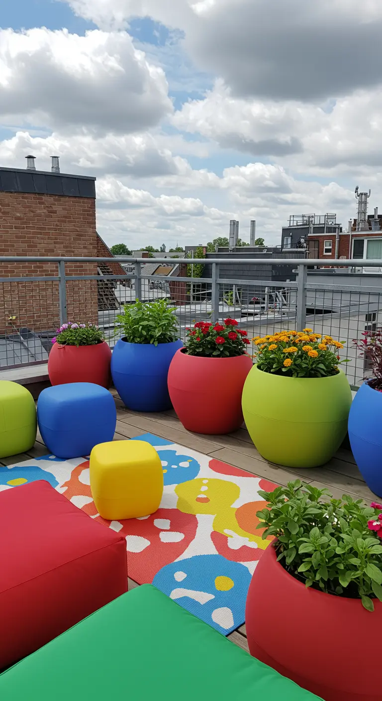 Cheerful rooftop with brightly colored planters and poufs on a colorful graphic outdoor rug.