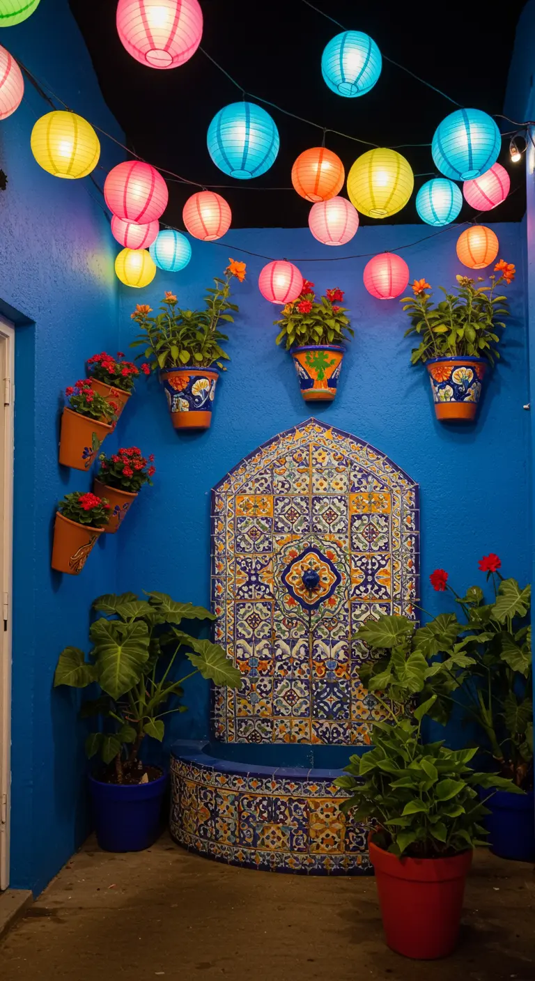A vibrant patio with a blue wall, a mosaic fountain, and colorful paper lanterns.