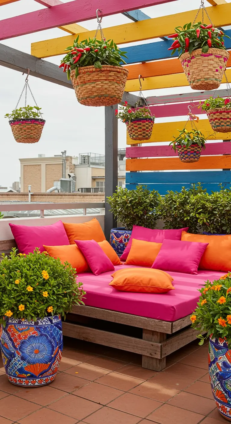 Vibrant rooftop with a colorful striped pergola, pink daybed, and painted pottery.