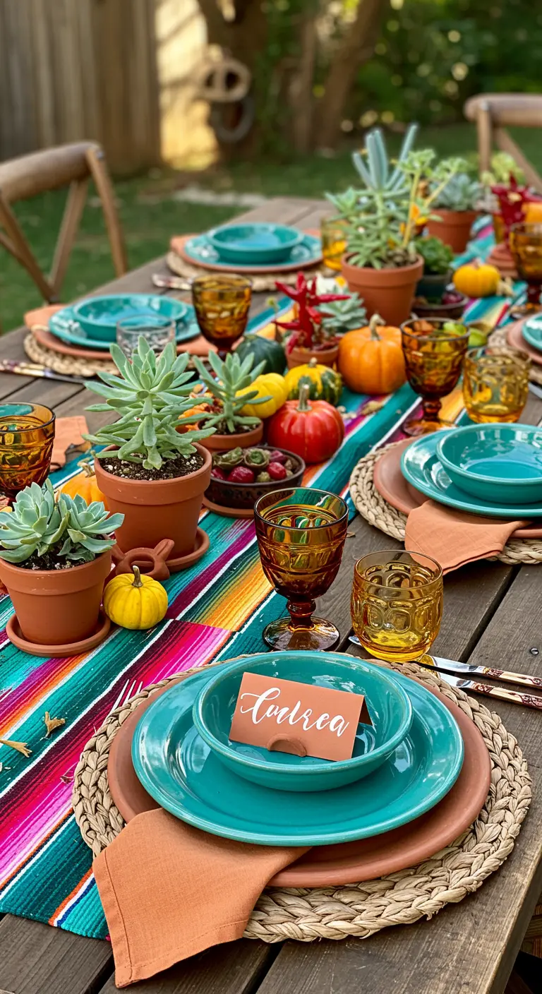 A vibrant Thanksgiving table featuring a colorful serape runner, succulents in terracotta pots, and turquoise plates.