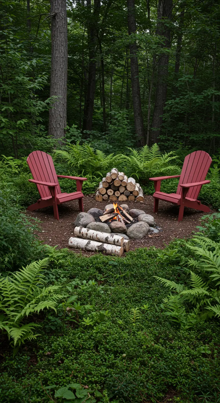 Two red Adirondack chairs face a stone fire pit in a fern-filled woodland clearing.
