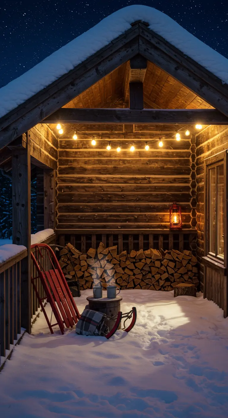 Red vintage sled used as a table with steaming mugs on a snowy log cabin porch.