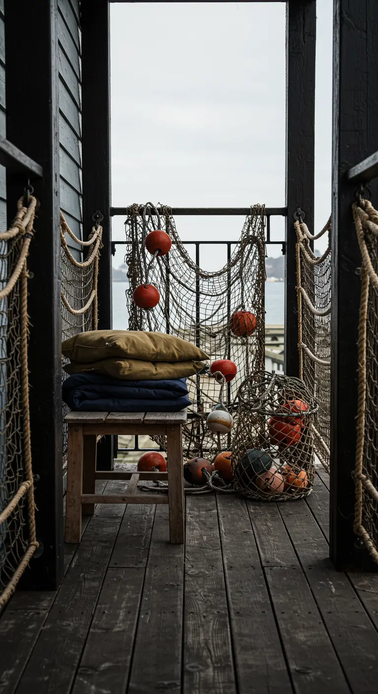 A rustic balcony decorated with fishing nets, orange buoys, and weathered wood.
