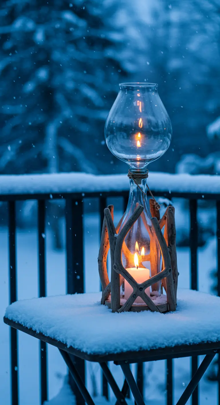 A driftwood and wine bottle lantern with a glass hurricane top, sitting on a snowy table.