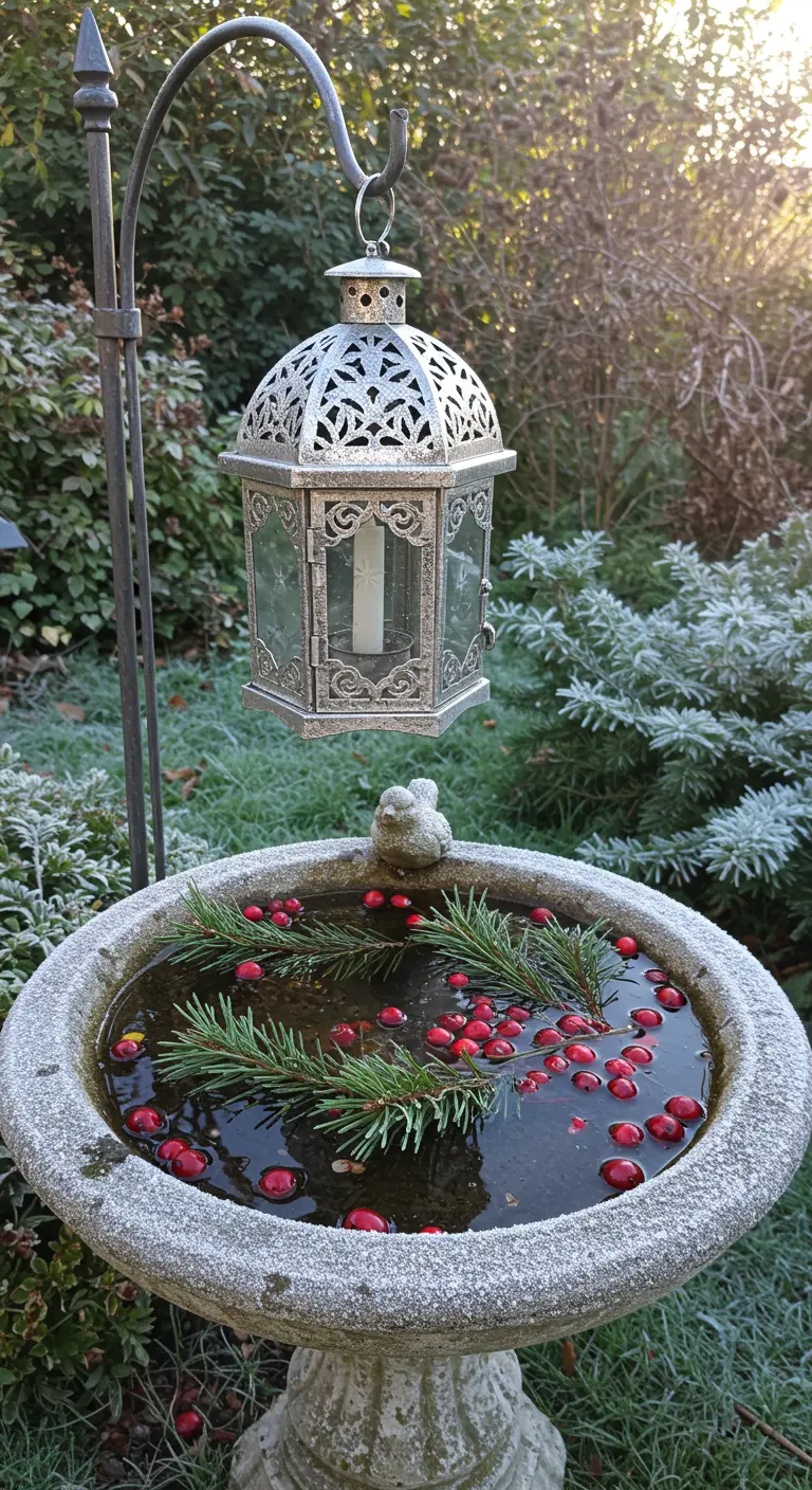 A birdbath with floating cranberries and pine, with a lantern hanging above.