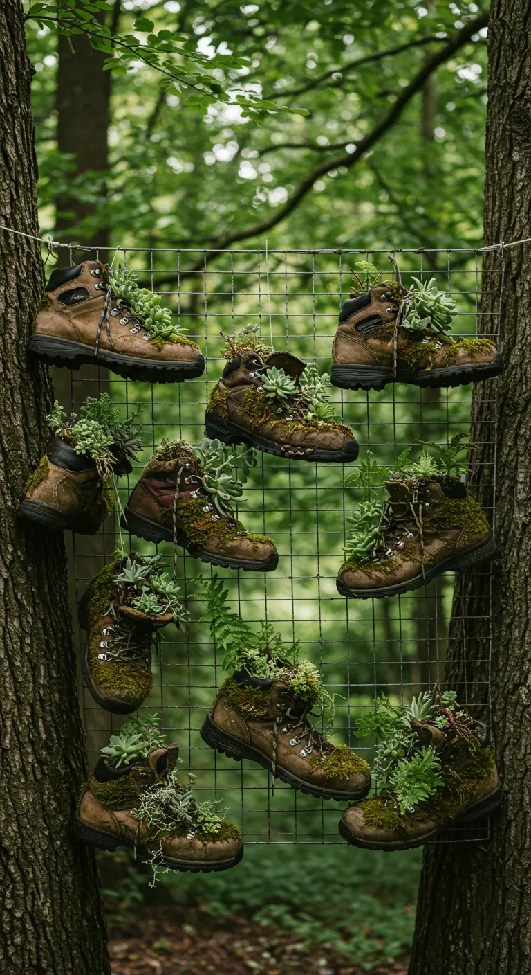 Moss-covered hiking boots with succulents on a trellis hanging between two trees.