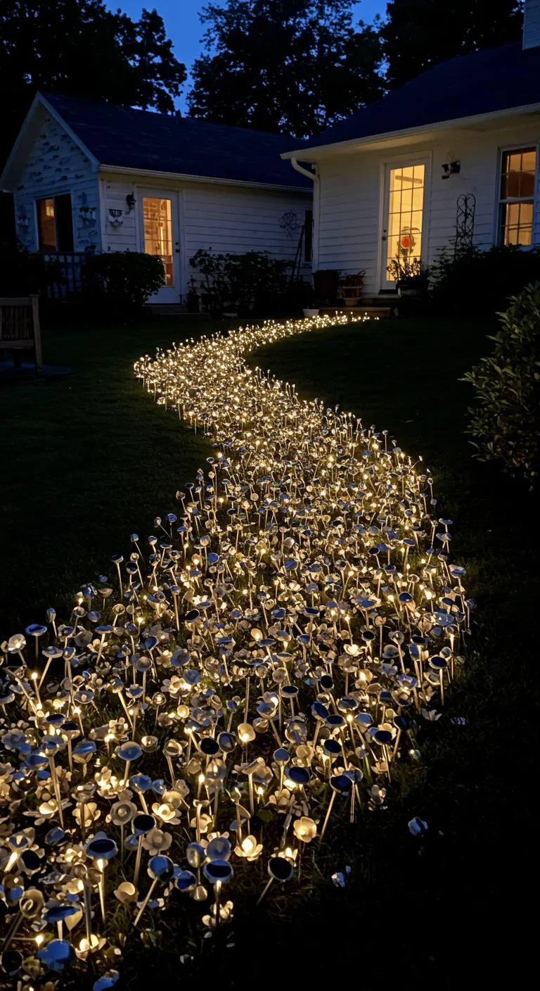 A winding 'river' made of hundreds of small, glowing solar flower lights on a lawn.