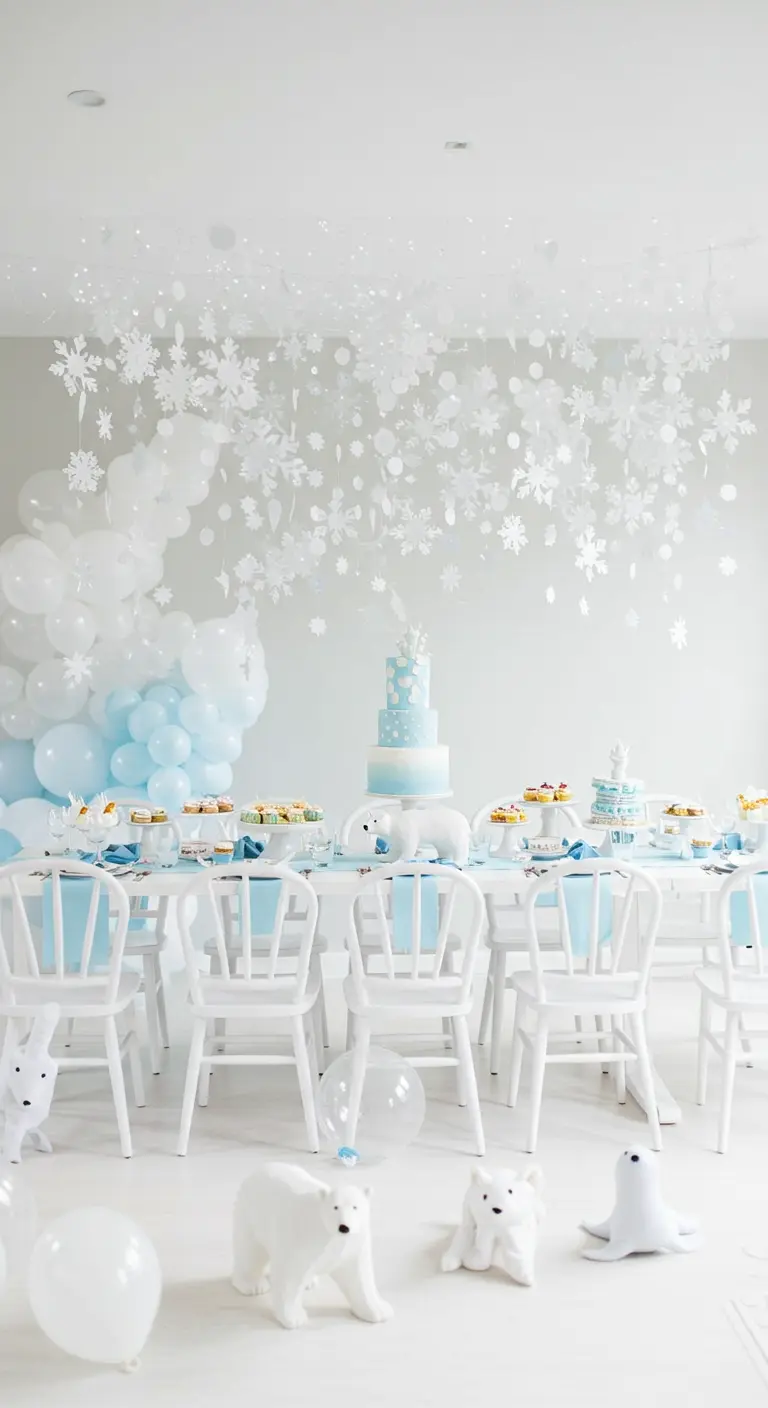 White dining table under a dense ceiling canopy of hanging paper snowflakes.