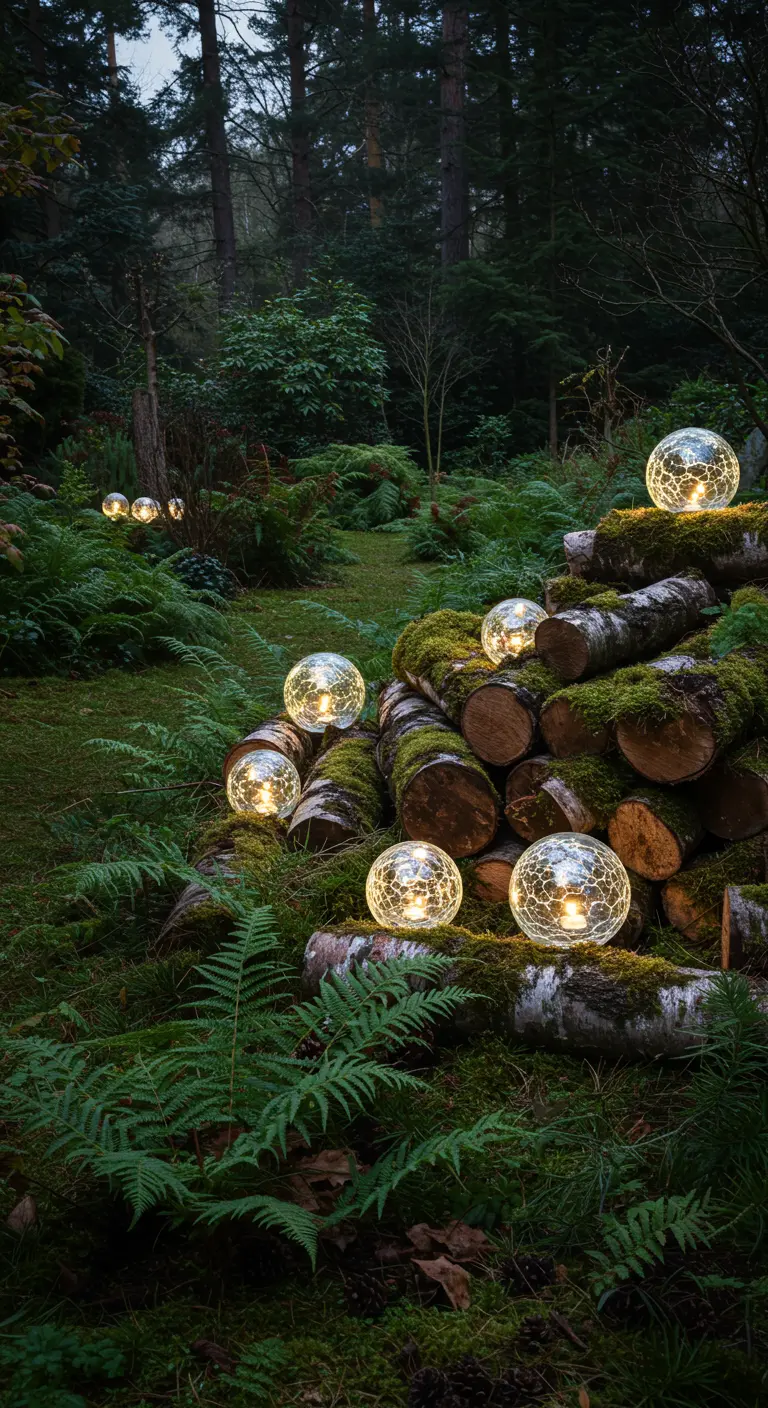 Mossy birch logs in a forest setting, with illuminated crackle-glass orbs scattered on top.