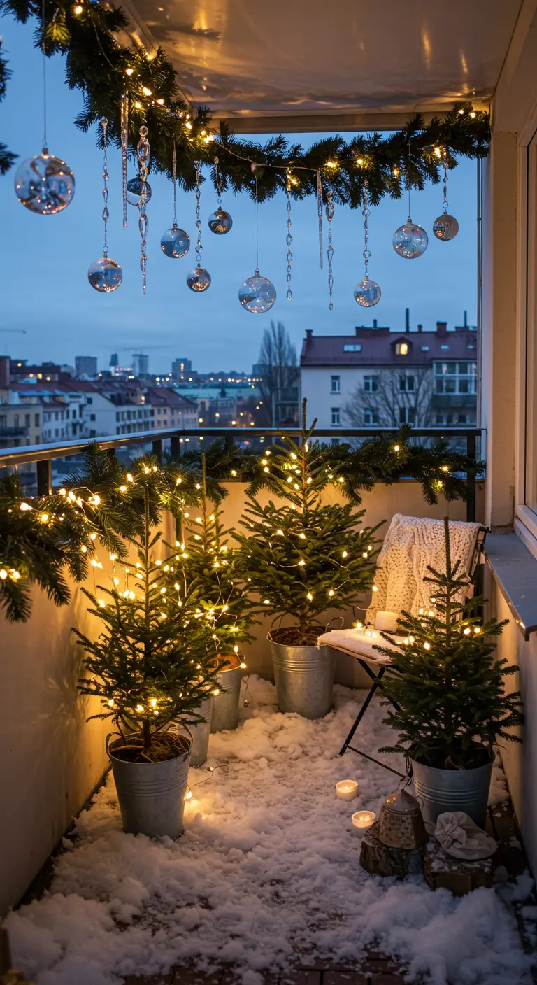 Balcony decorated with small Christmas trees in buckets and hanging glass baubles.