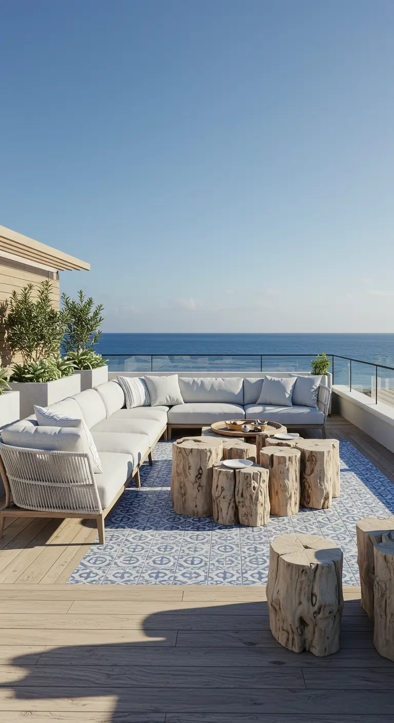 A large sectional sofa on a rooftop deck with a cluster of driftwood stump tables in the center.
