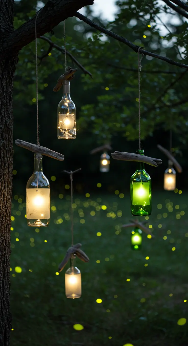 Wine bottle lanterns with lights inside hanging from a tree like fireflies.