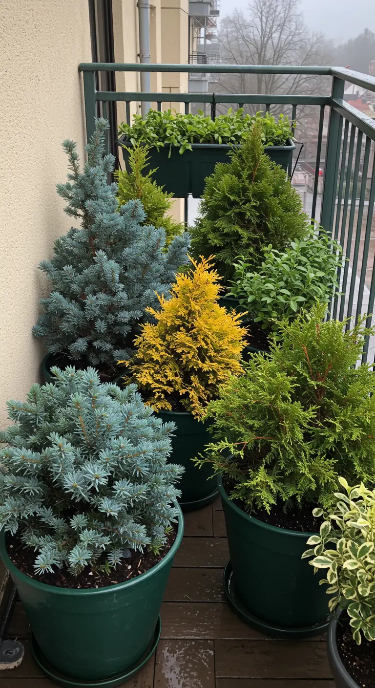 A collection of different dwarf conifers in green pots, creating a mini forest on a balcony.