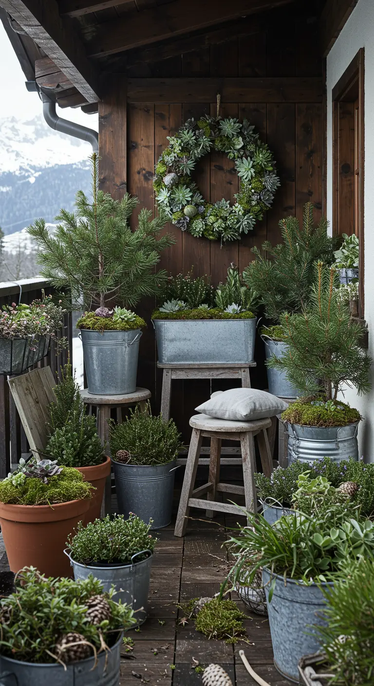 A balcony filled with numerous potted pines and a large succulent wreath on the wall.