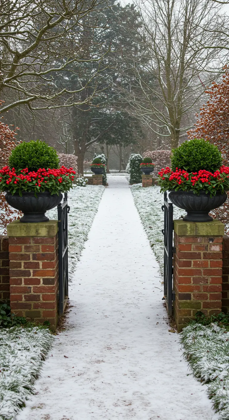 Two brick gateposts topped with black urns containing boxwood spheres and red berries.
