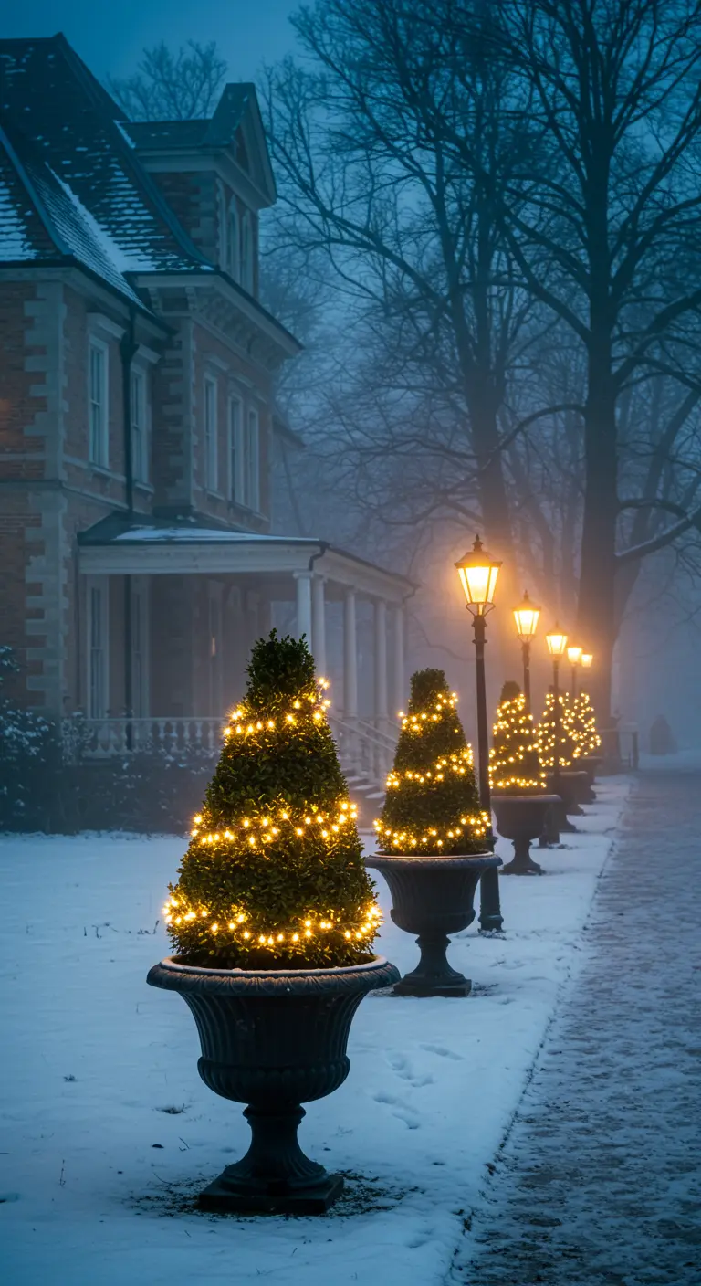 A row of illuminated topiary trees in black urns lining a snowy path at dusk.