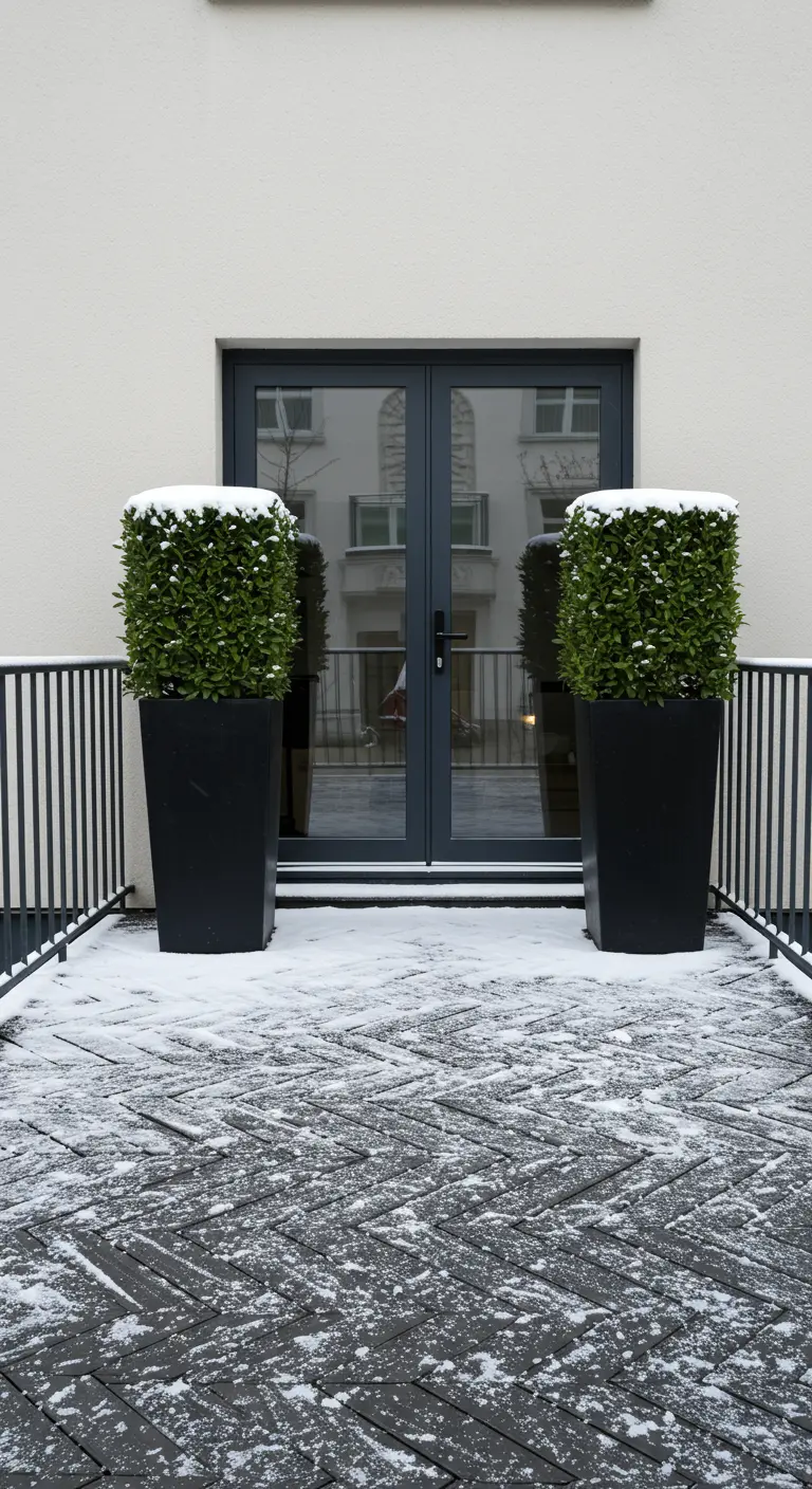 Two identical black planters with clipped boxwoods flanking a glass door on a snowy patio.