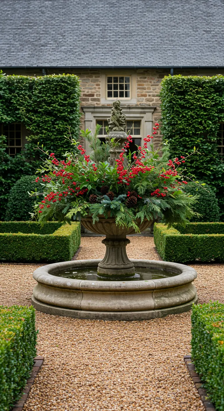A stone garden fountain filled with an arrangement of evergreens, pinecones, and red berries.