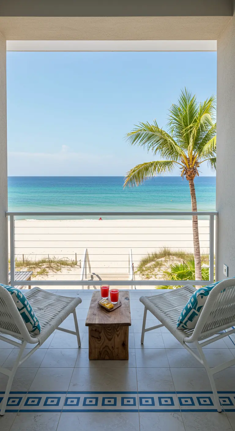 Two white woven chairs and a small table on a balcony, perfectly framing a view of the beach and ocean.