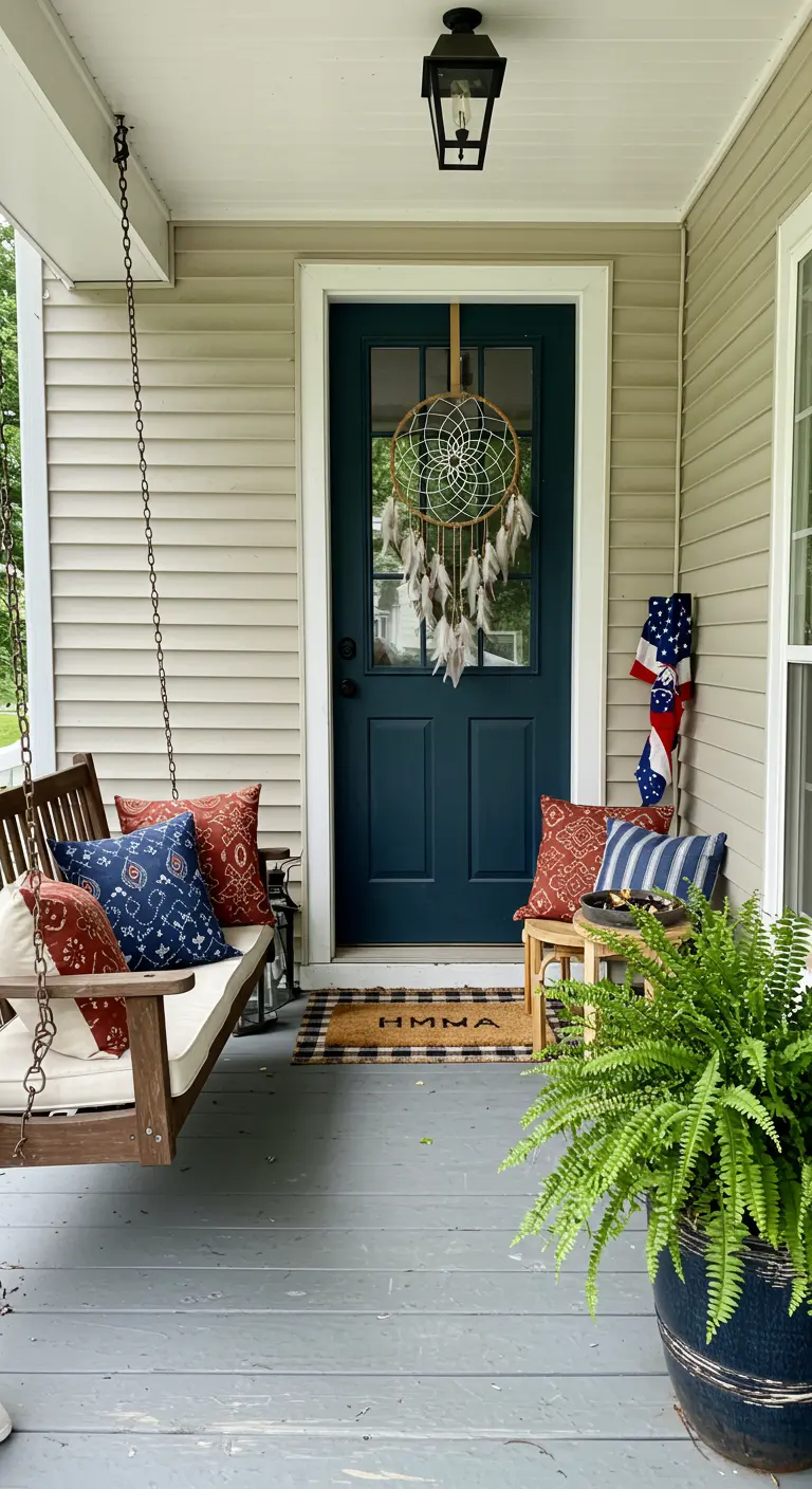 A porch swing with patterned pillows and a dreamcatcher hanging on a dark blue front door.