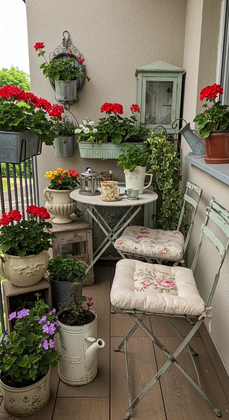 A charming shabby chic balcony with a vintage bistro set and pots of red geraniums.