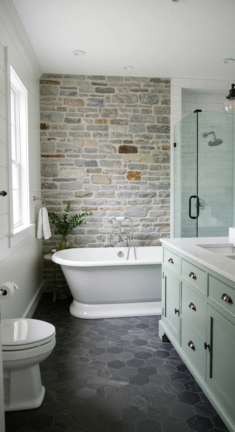 Modern farmhouse bathroom with a stone wall, sage green vanity, and dark hex tile floor.