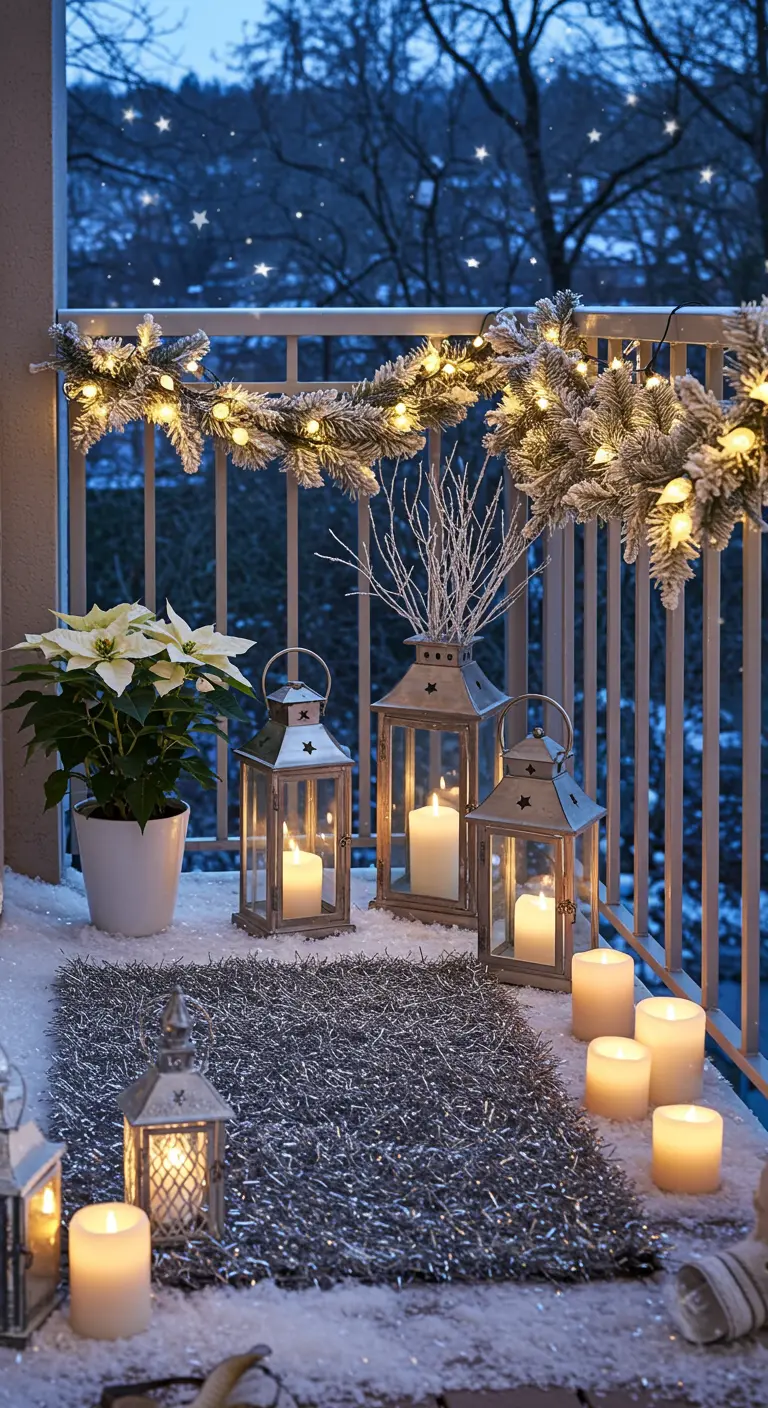 A snowy balcony with silver lanterns, a white poinsettia, and a sparkling tinsel rug.