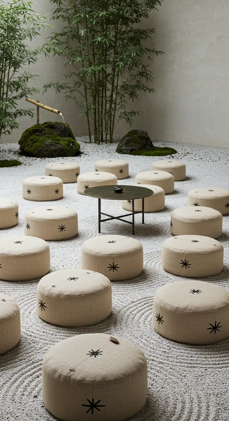 Simple linen poufs with minimal embroidery arranged in a Japanese sand garden with bamboo.