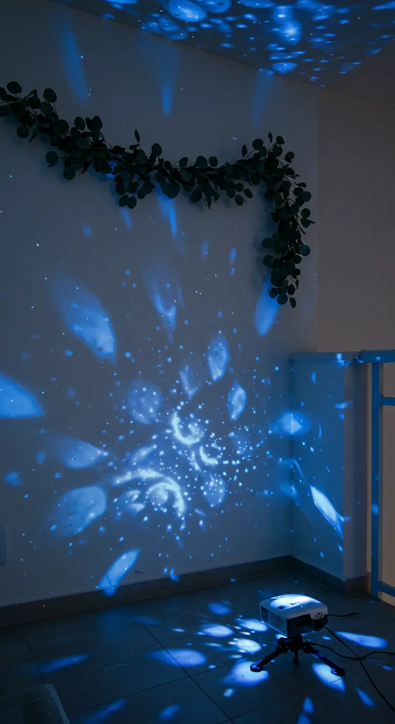 A light projector creates a blue, galaxy-like pattern on a plain balcony wall.