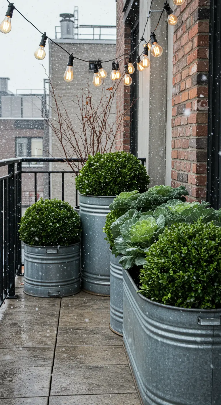 Galvanized steel planters of various sizes holding boxwood spheres and ornamental kale.