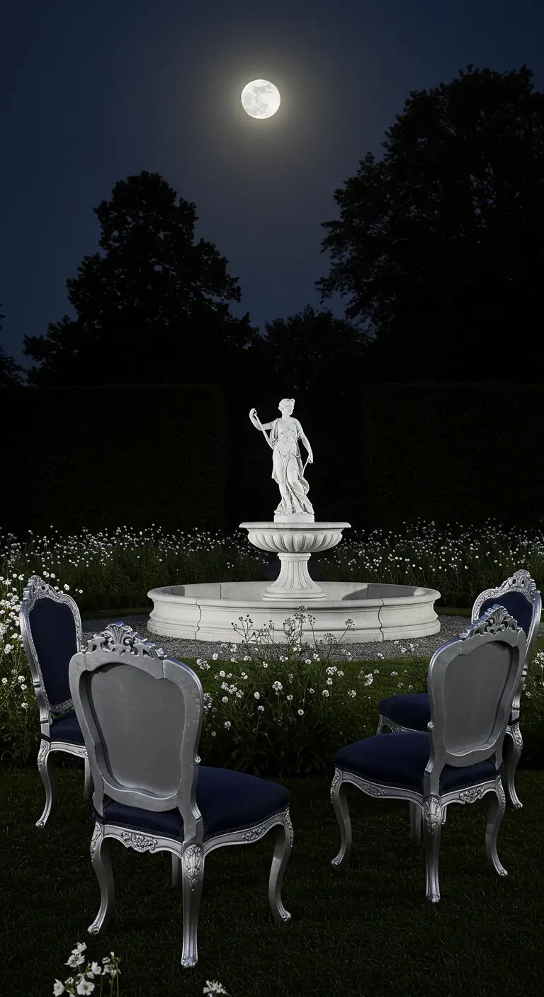 Silver and navy chairs surround a white fountain under a full moon in a field of white flowers.