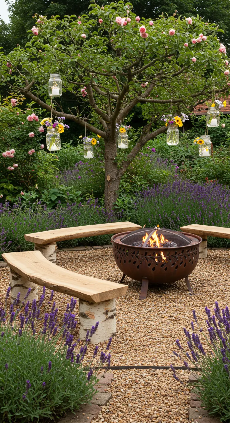 A garden fire pit with birch log benches and mason jars with flowers hanging from a tree.