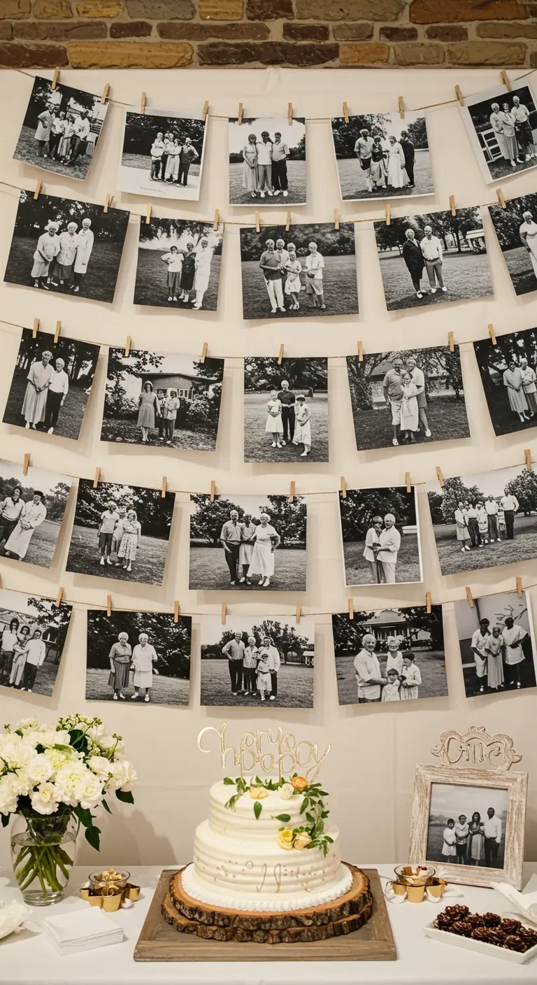 Black and white photos clipped to twine to create a garland