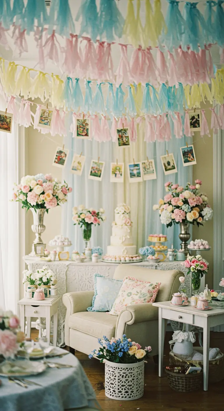Pastel tassel garlands hanging in a room, with small photos clipped onto them with clothespins.
