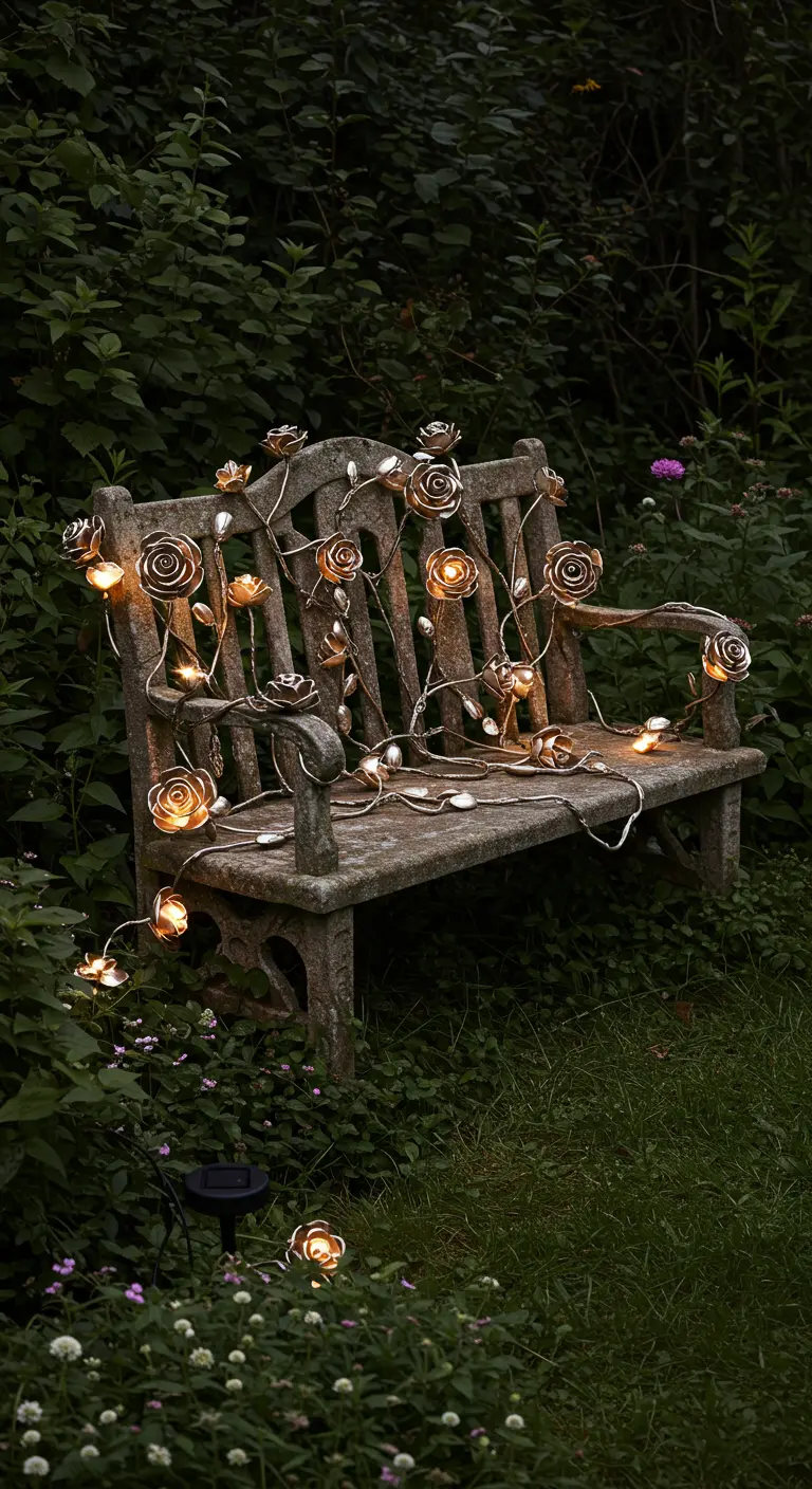 A weathered garden bench draped with a garland of glowing solar-powered rose lights.